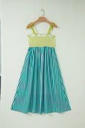 Green Stripe Scalloped Contrast Patchwork Knot Strap Midi Dress