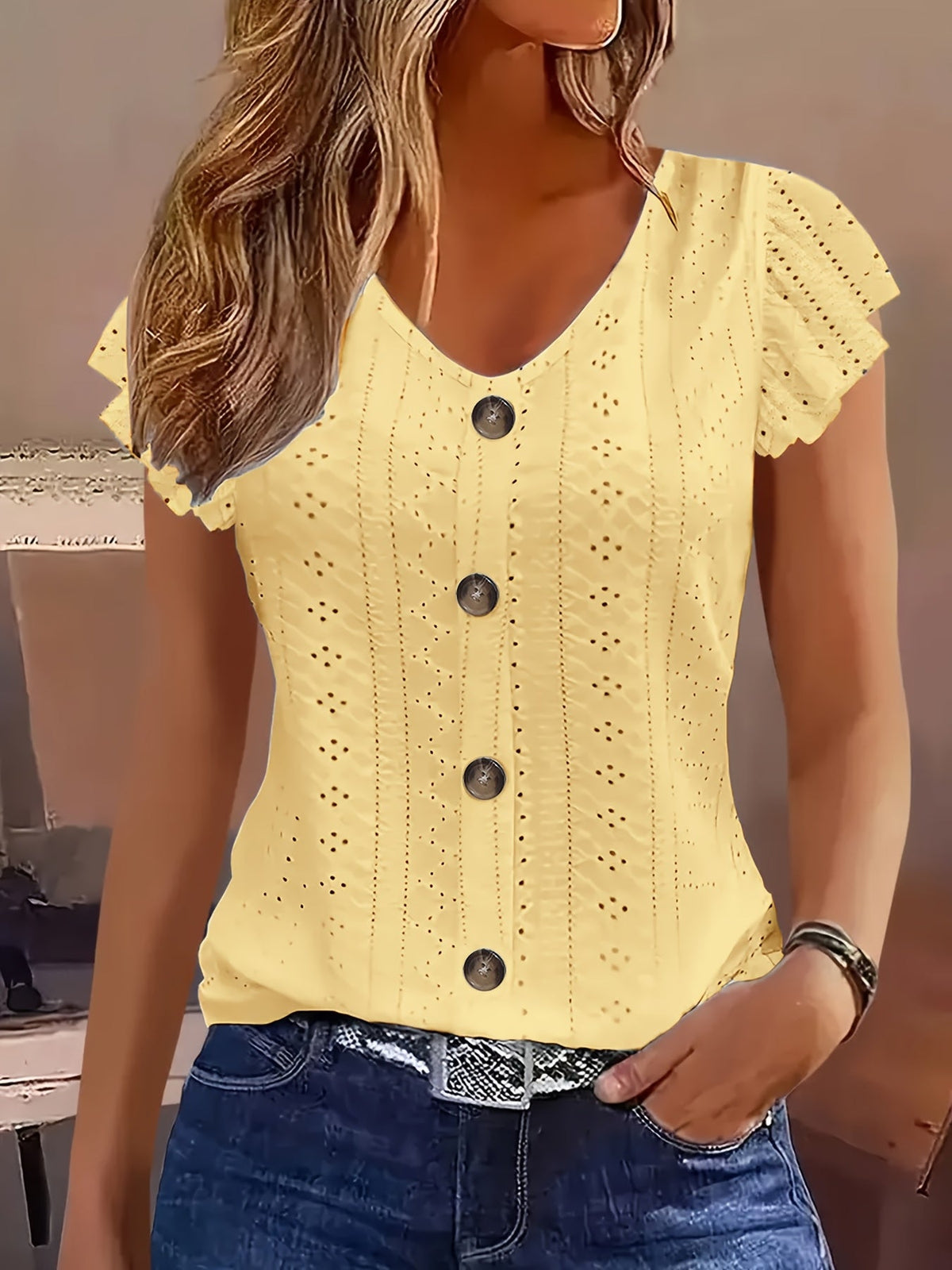 Elegant V-Neck Short Sleeve T-Shirt With Decorative Buttons