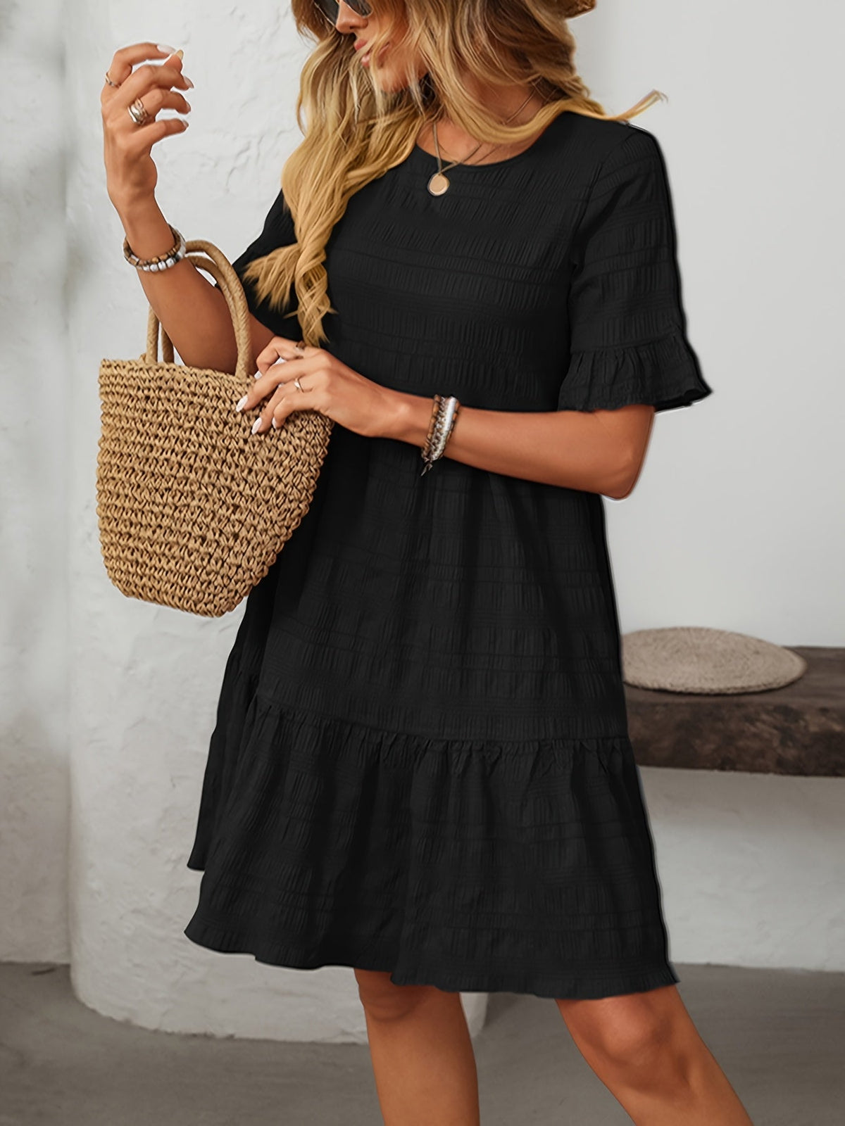 Square Neck Ruffle Detail Knee-Length Casual Short Sleeve Flowy Dress