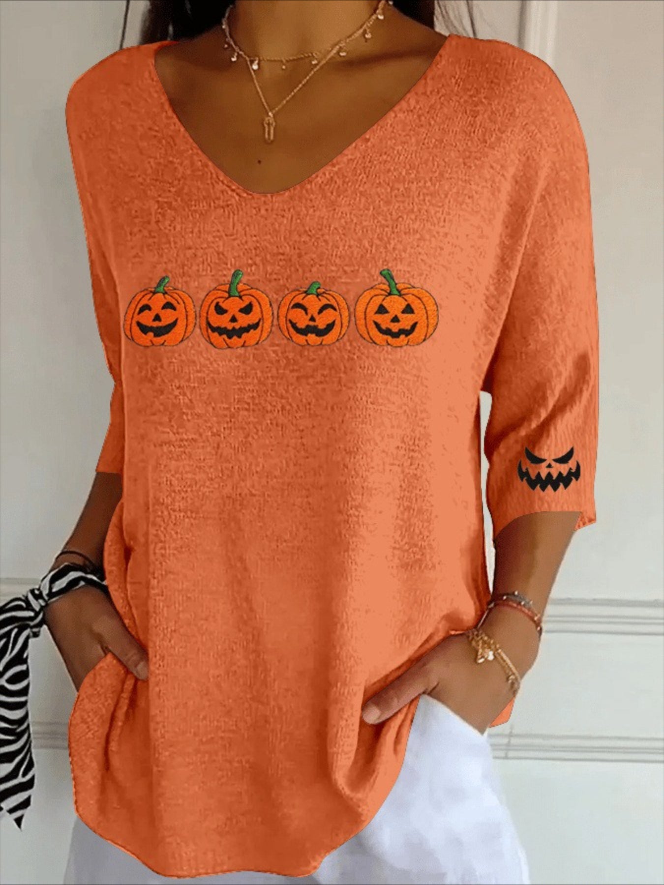 Halloween Crew Neck Three Quarter Sleeve T-shirt