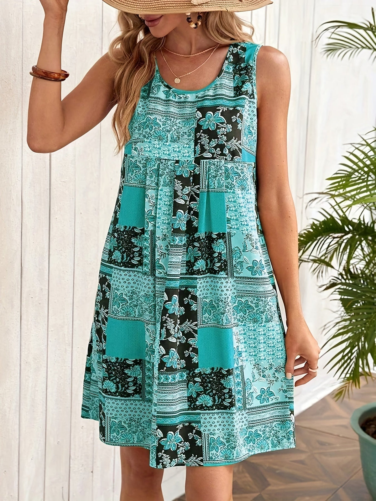Floral Print Crew Neck Dress, Elegant Sleeveless Tank Dress