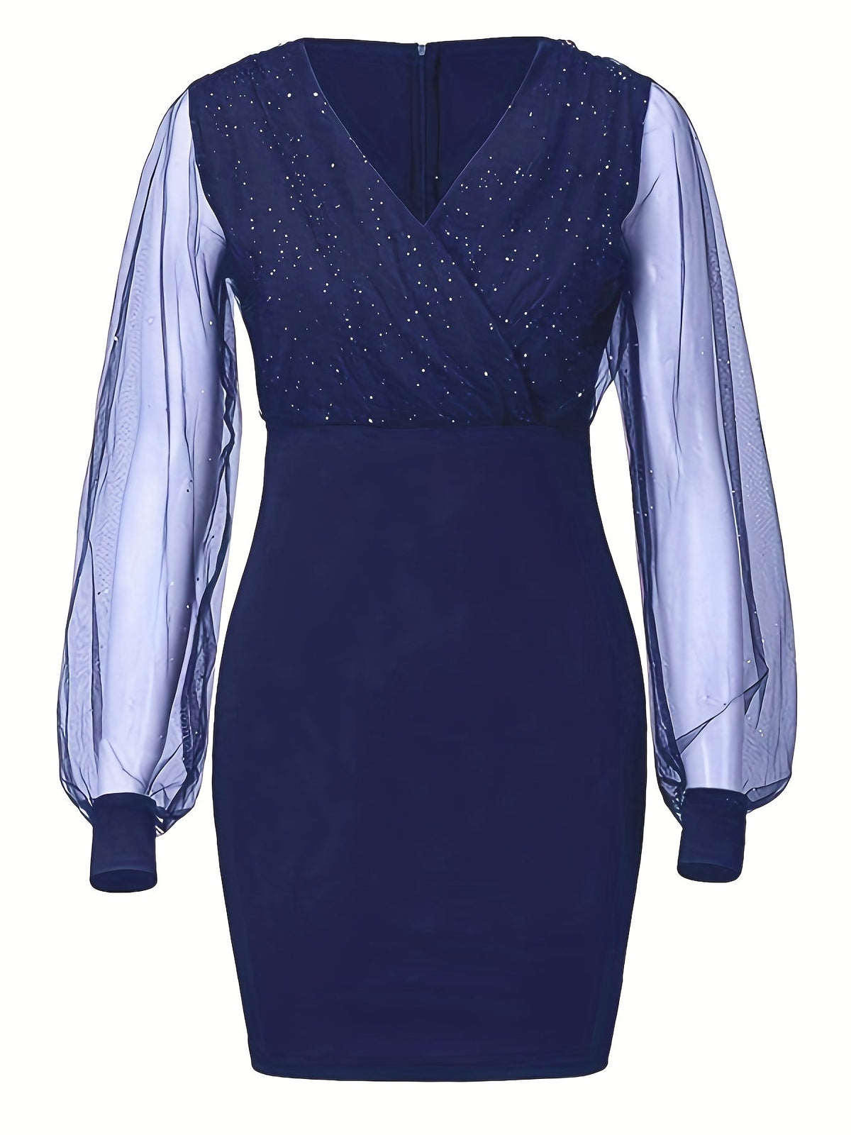 Solid Sequin Stitching Lace Long Sleeve Dress, Elegant Mesh Slim Sexy Party Dress