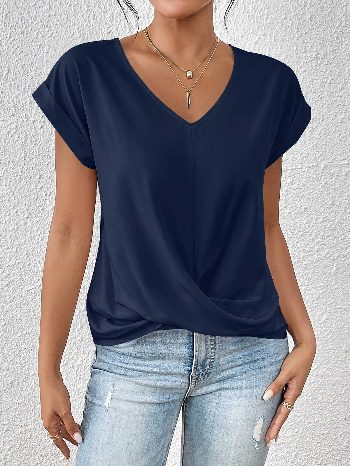 Women's Knot V Neck T-Shirt - Casual Short Sleeve Top