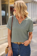 Green Stripe Textured Knit Notched Neck Cuffed Short Sleeve Top