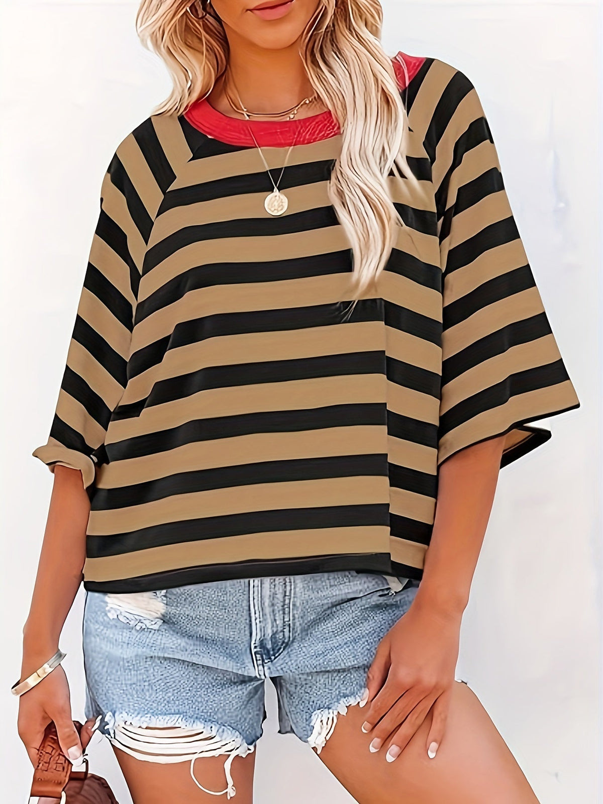 Striped Drop Shoulder Loose T-Shirt, Casual Short Sleeve T-Shirt
