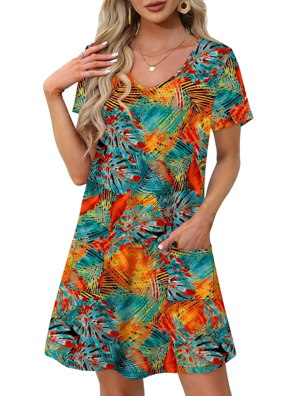 Loose V Neck Short Sleeve Casual T Shirt Dress