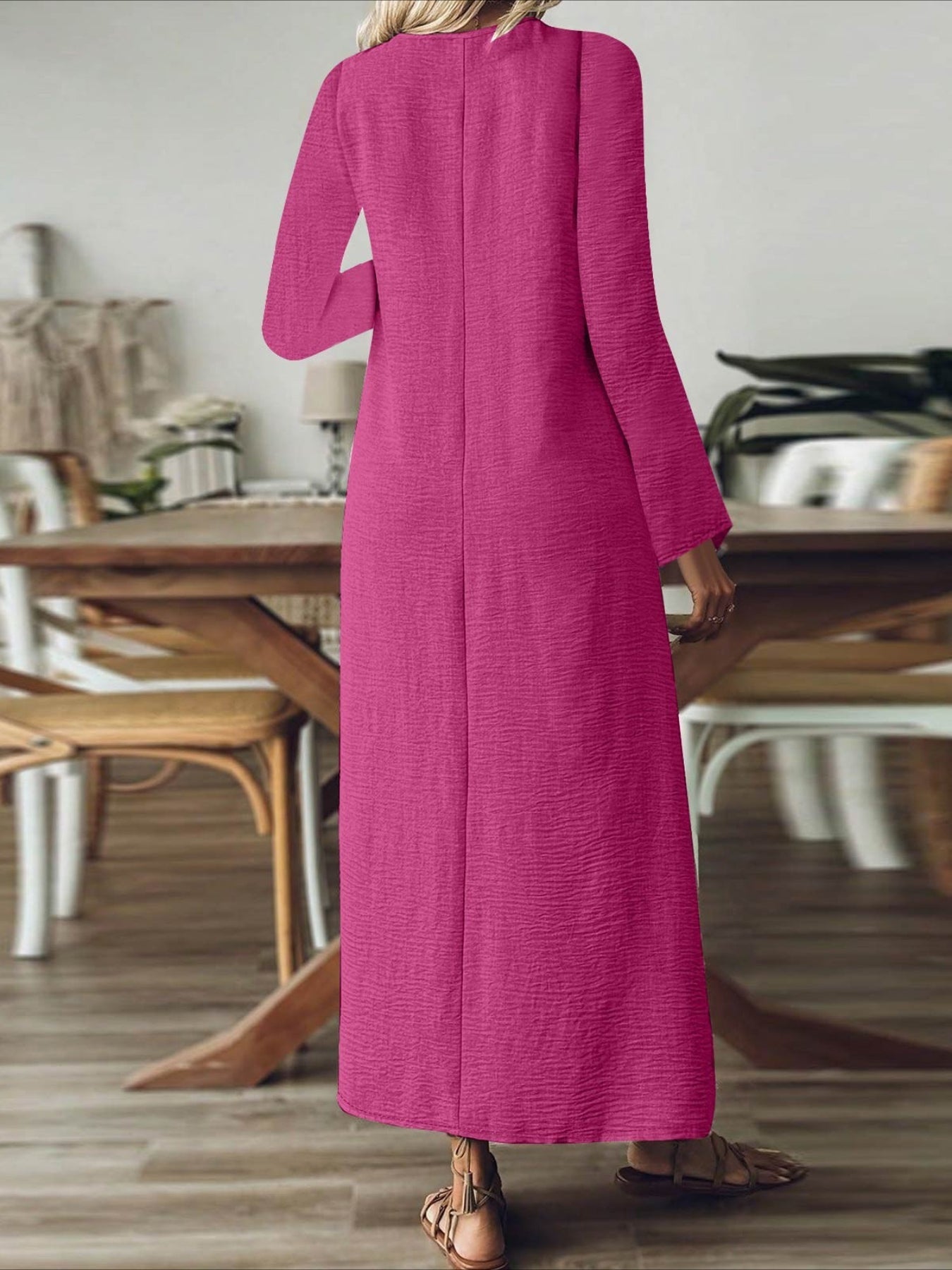 Back Zipper Solid Color Long Sleeve Cotton and Linen Dress