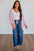 Pink Drop Shoulder Crochet Knit Open Front Cardigan