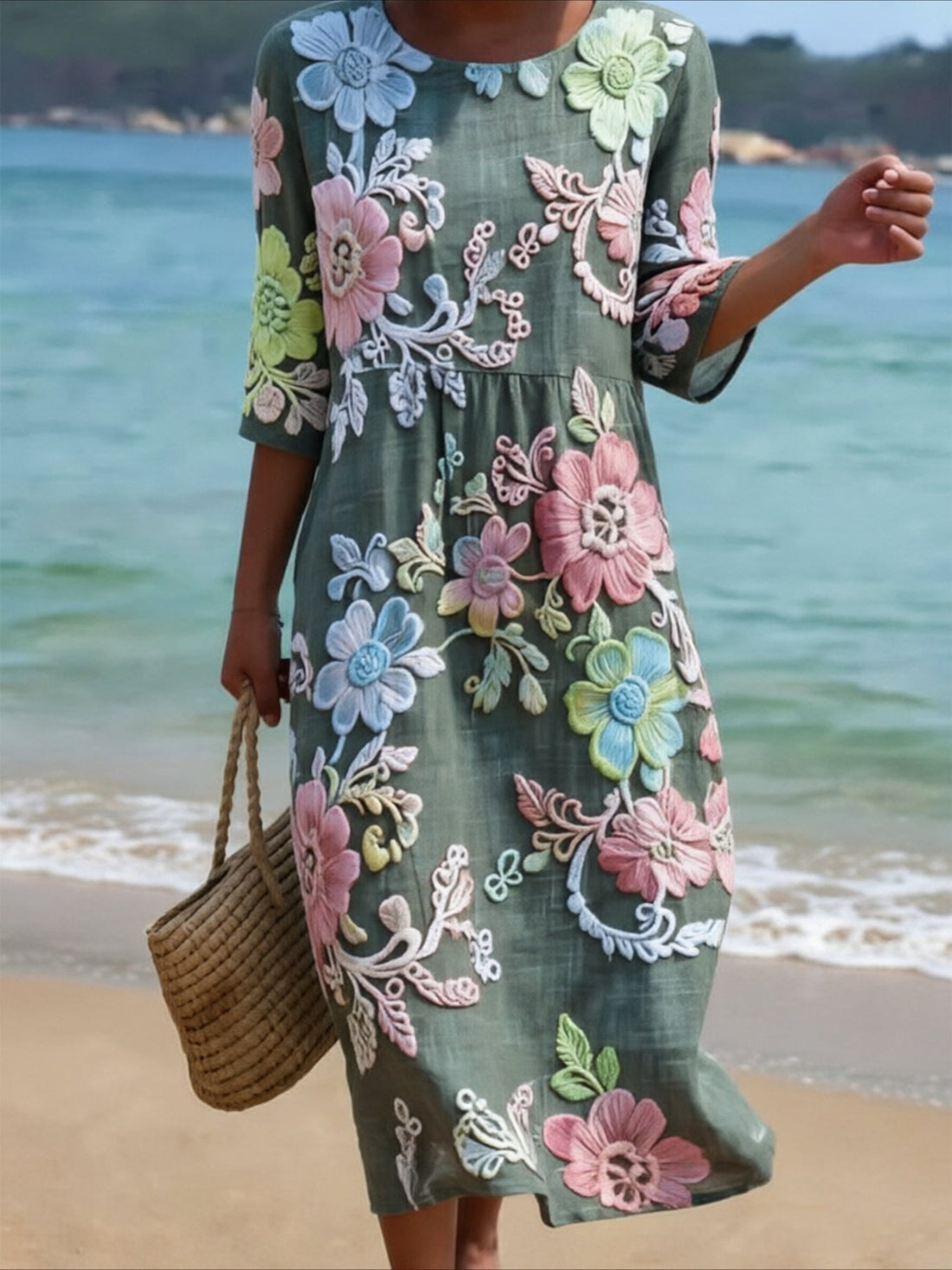 Flower Printed Casual Round Neck Mid Sleeve Dress