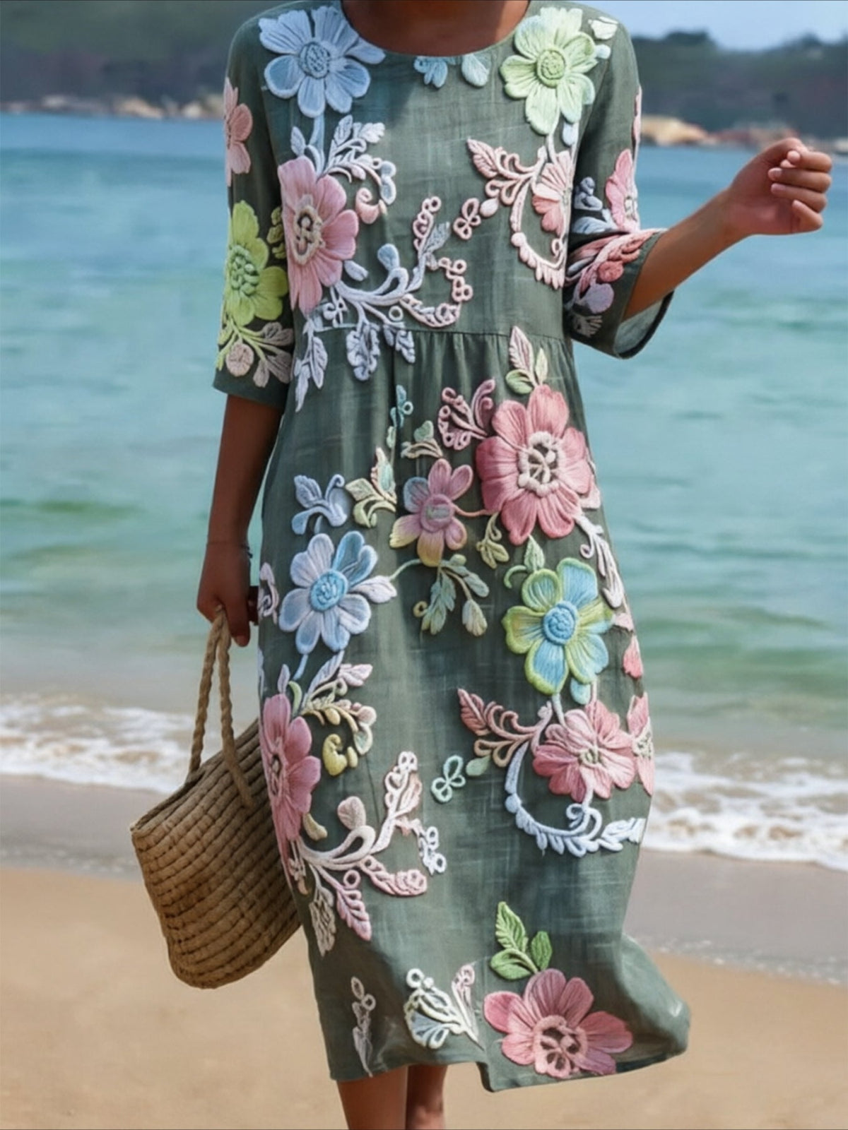 Flower Printed Casual Round Neck Mid Sleeve Dress