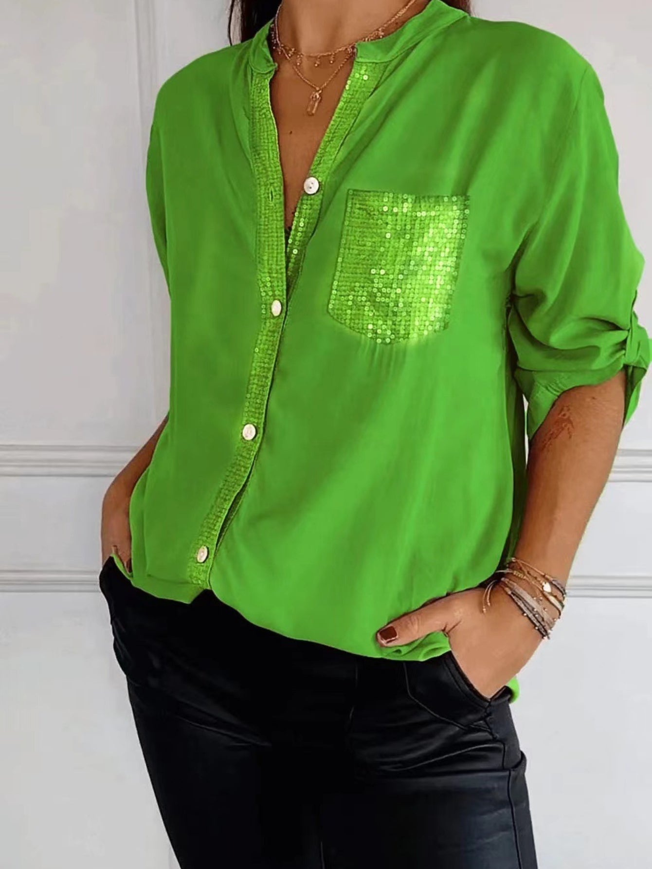 Solid Color Casual V-Neck Sequin Loose Fit Long Sleeve Blouse