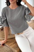 Black Plaid Bow Ruffled Half Sleeve Round Neck Blouse
