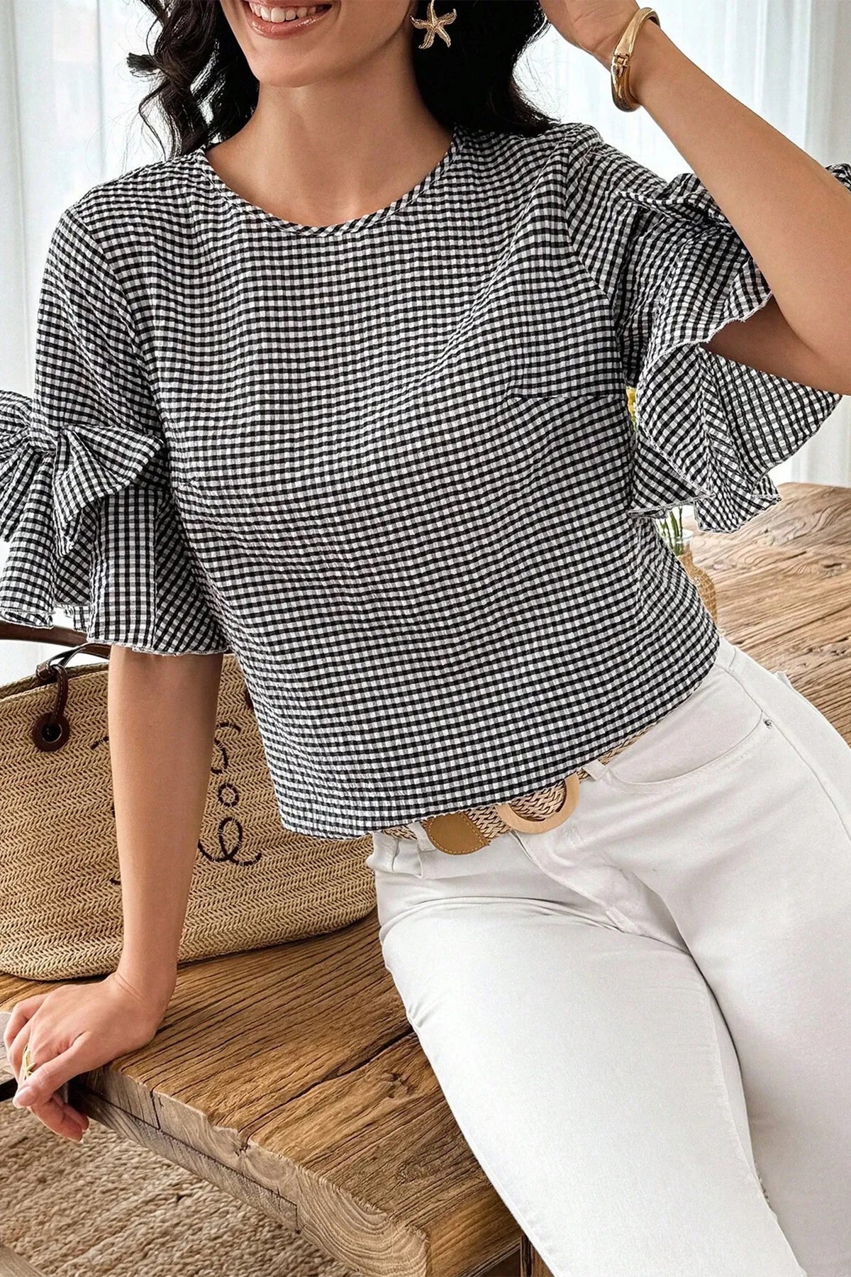 Black Plaid Bow Ruffled Half Sleeve Round Neck Blouse