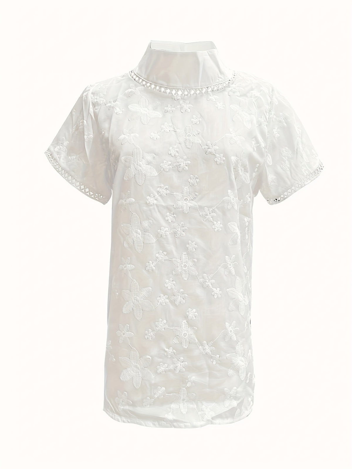 Stand Collar Floral Jacquard Short Sleeve Round Neck Blouse