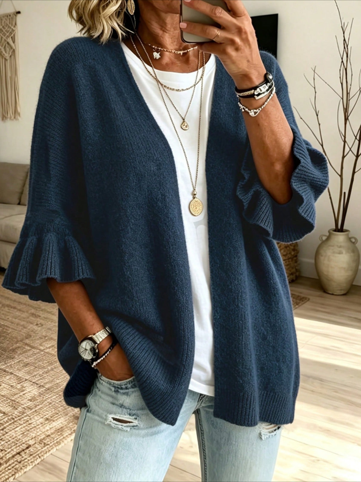 Open Front Ruffle Sleeve Knit Cardigan