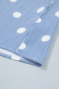 Sky Blue Stripe Contrast Polka Dot Print Pleated Ruffle Sleeve Shirt
