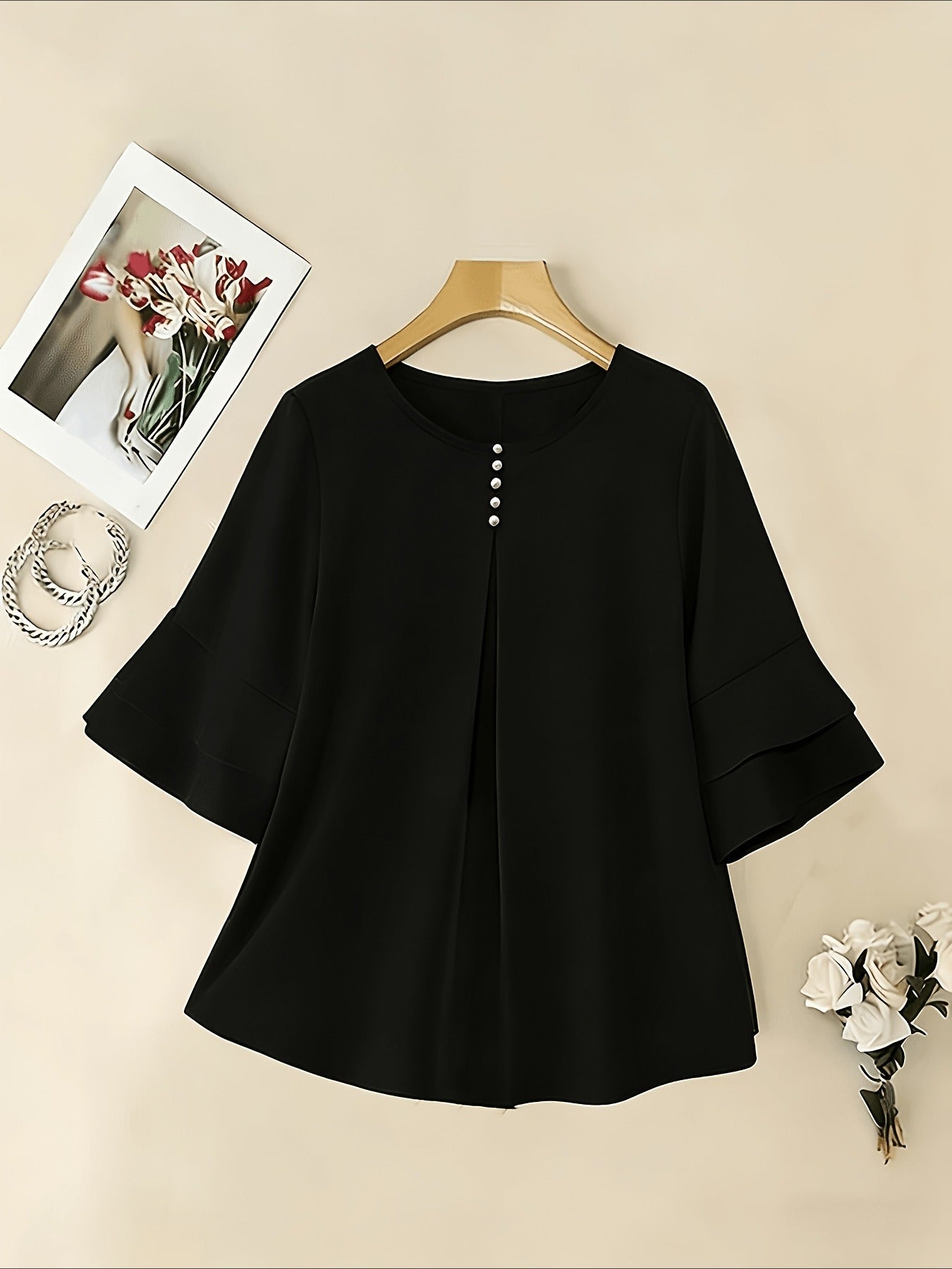 Elegant Fashion Summer Loose Solid Round Neck Button-Up Shirt Flared Sleeve Ruffle Top
