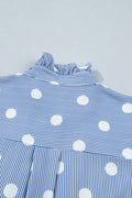 Sky Blue Stripe Contrast Polka Dot Print Pleated Ruffle Sleeve Shirt