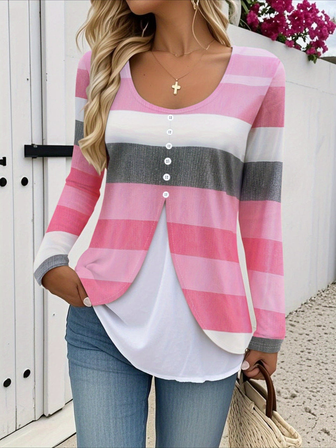 Elegant Striped Long Sleeve Button-Up White Checkered Pattern Round Neck Checkered Pattern T-shirt