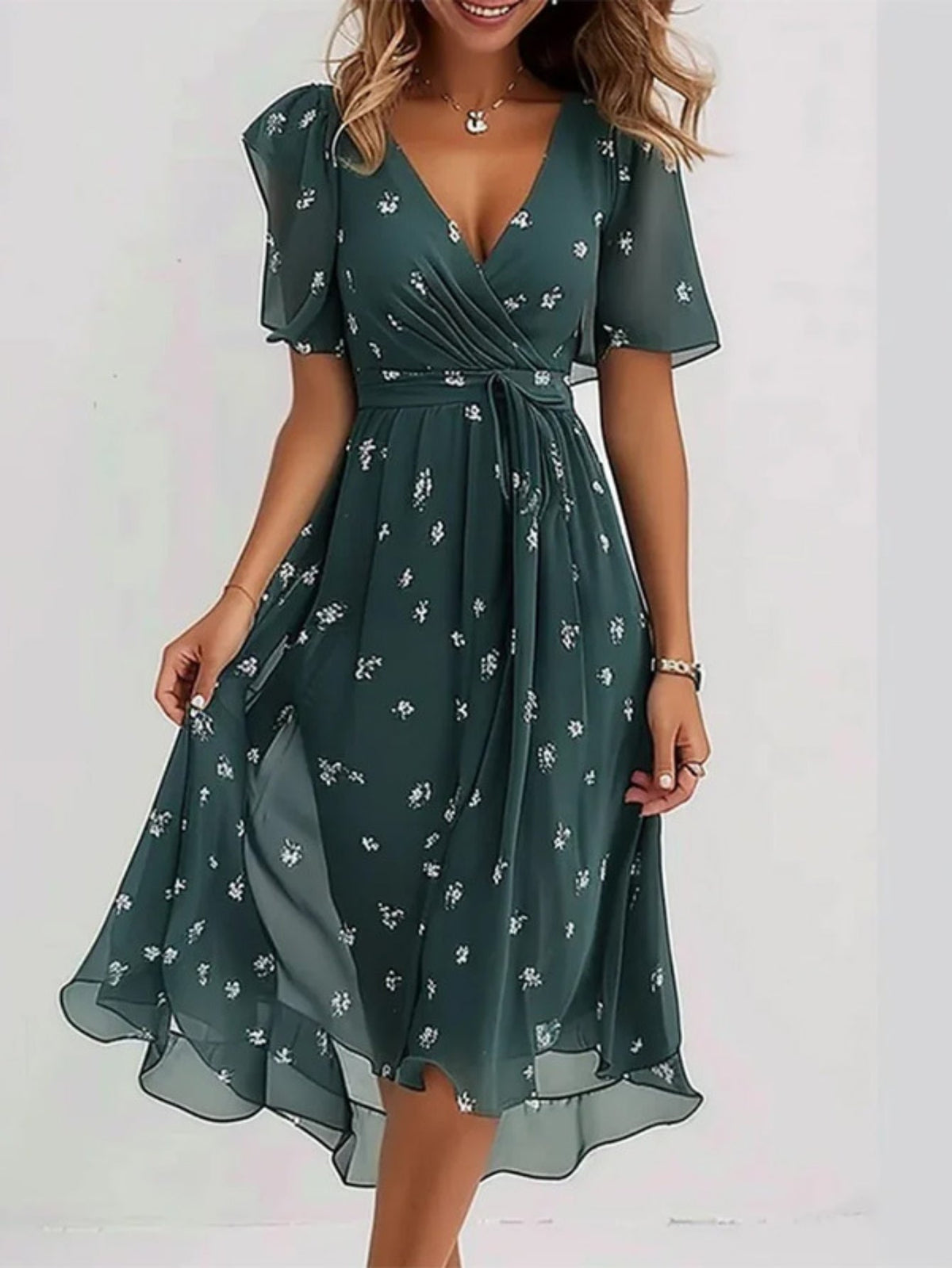 Short Sleeve V-Neck Floral Dress