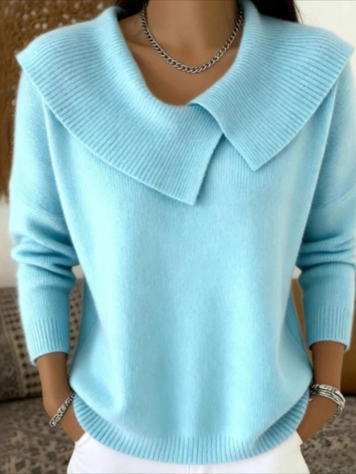 Solid Asymmetrical Lapel Color Long Sleeve Sweater