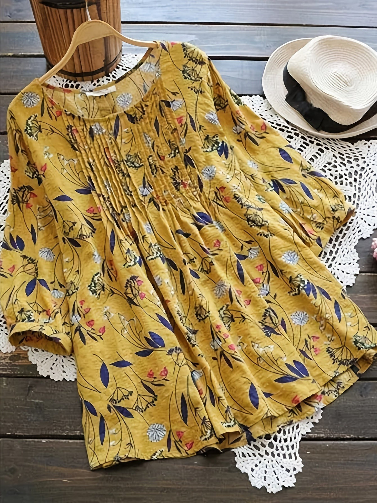 Floral Print Shirt - 3/4 Sleeve, Shirred Round Neck, Loose Fit, Ruffled Blouse