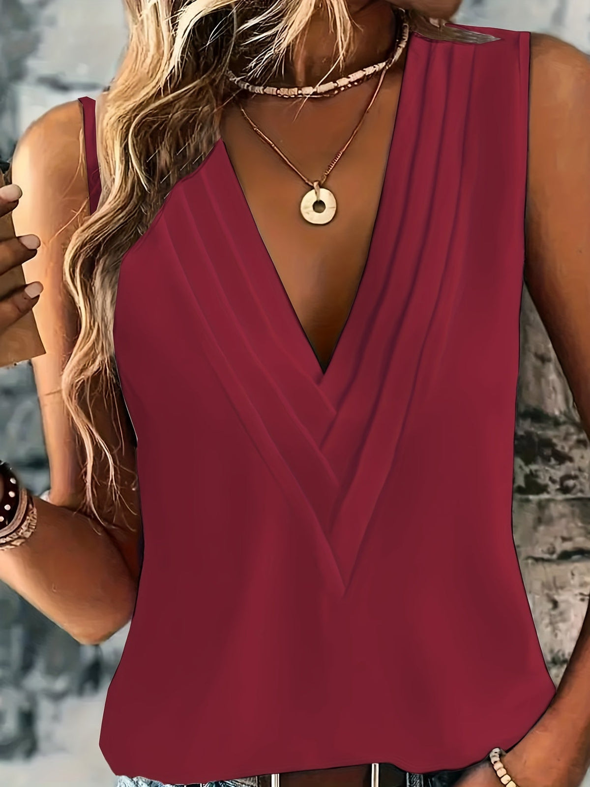 Ruched V Neck Blouse, Casual Sleeveless Solid Versatile Tank Top