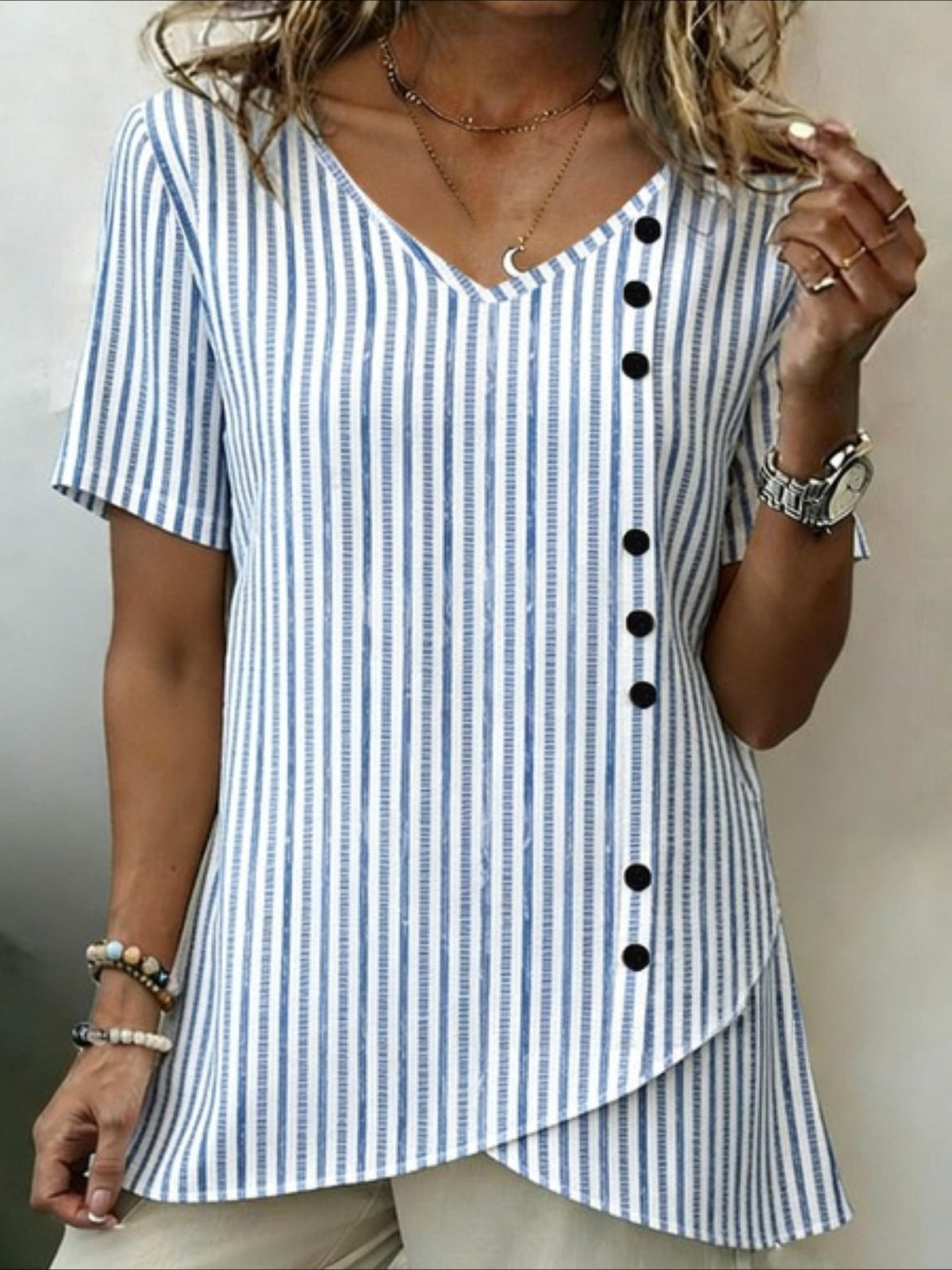 Vintage Cotton-Blend Botanical Pattern V Neck Shirt