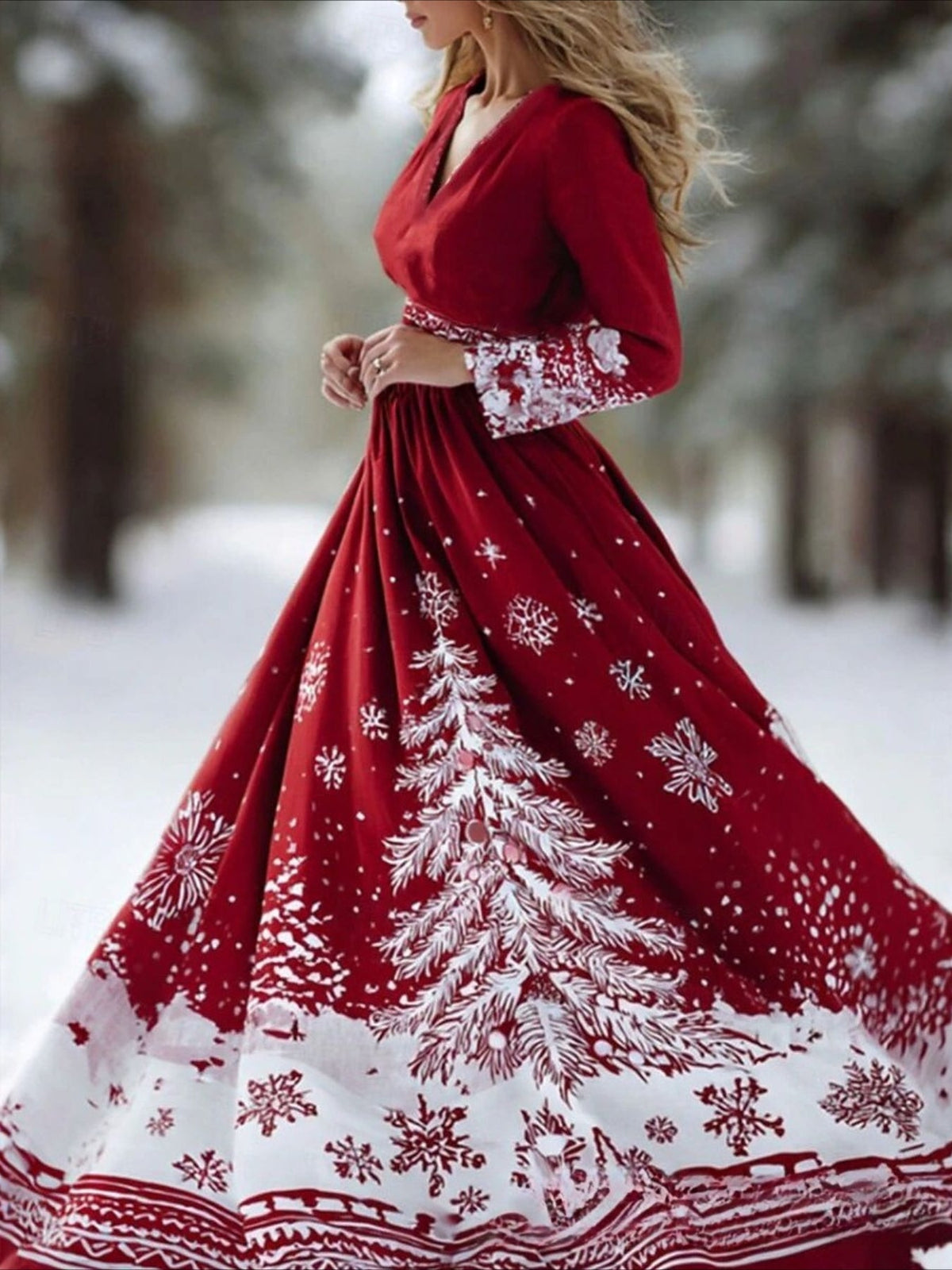 Christmas Pleated Party Long Sleeve V Neck Maxi Dress