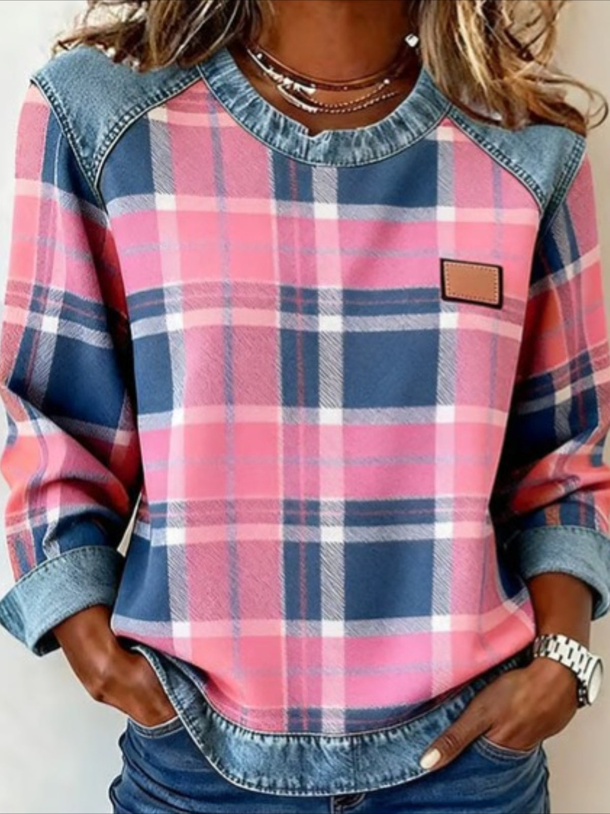 Plaid Vintage Stylish Long Sleeve Crew Neck Regular Tops