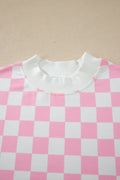 Pink Checkered Print Color Block Trim Mock Neck Short Set
