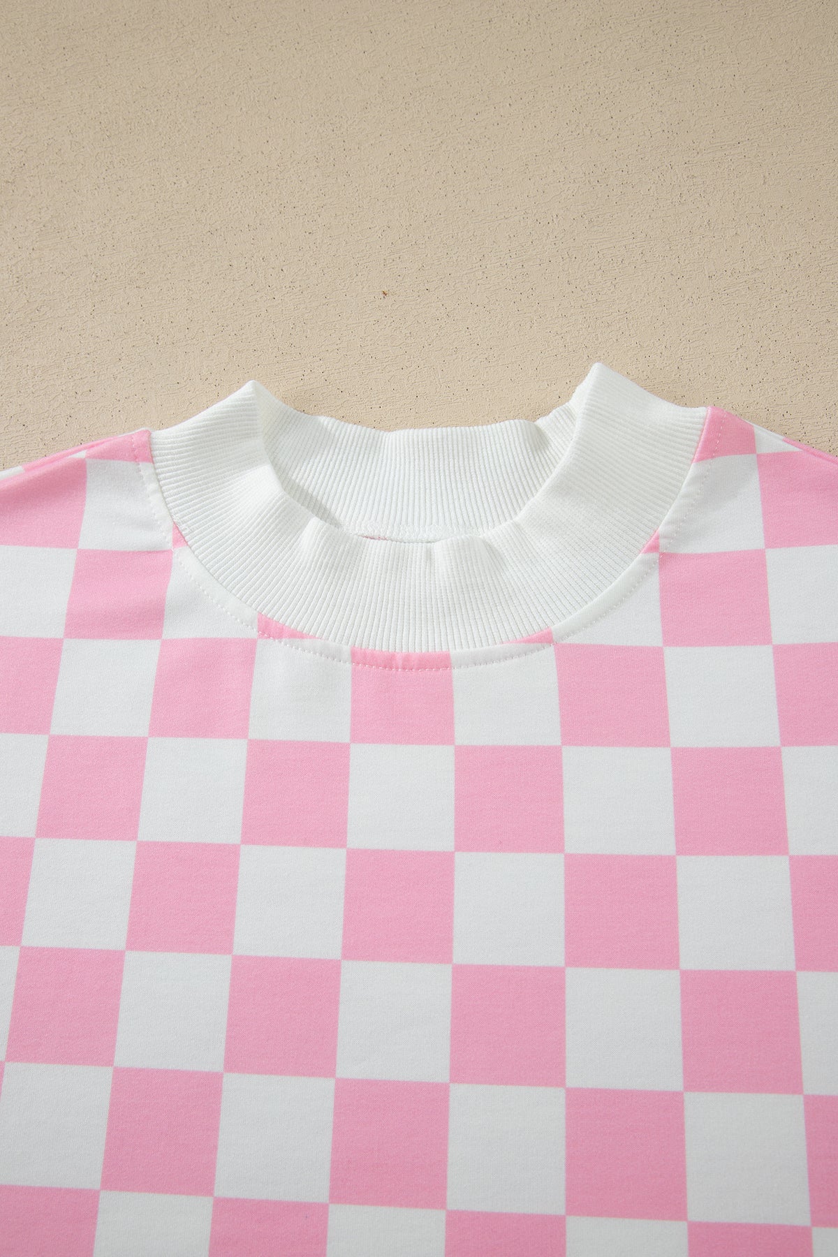 Pink Checkered Print Color Block Trim Mock Neck Short Set