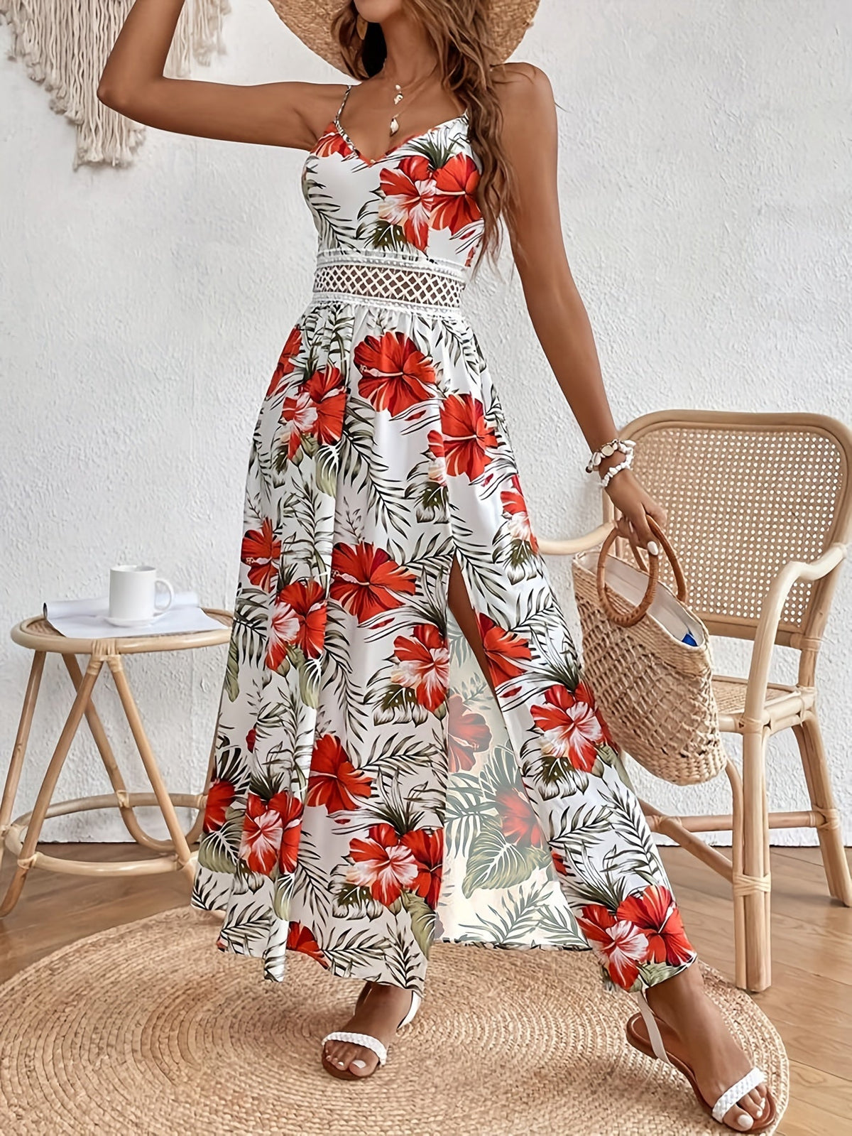 Floral Print Spaghetti Strap Elegant Sleeveless Split Dress