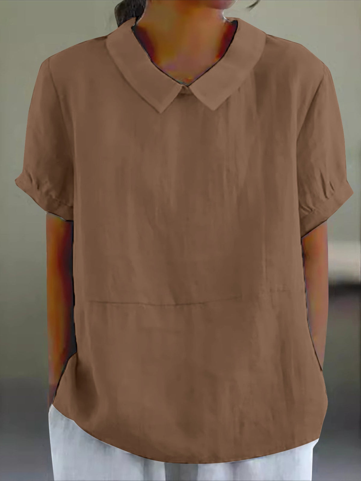 Solid Color Loose Lapel Short Sleeve Cotton Top
