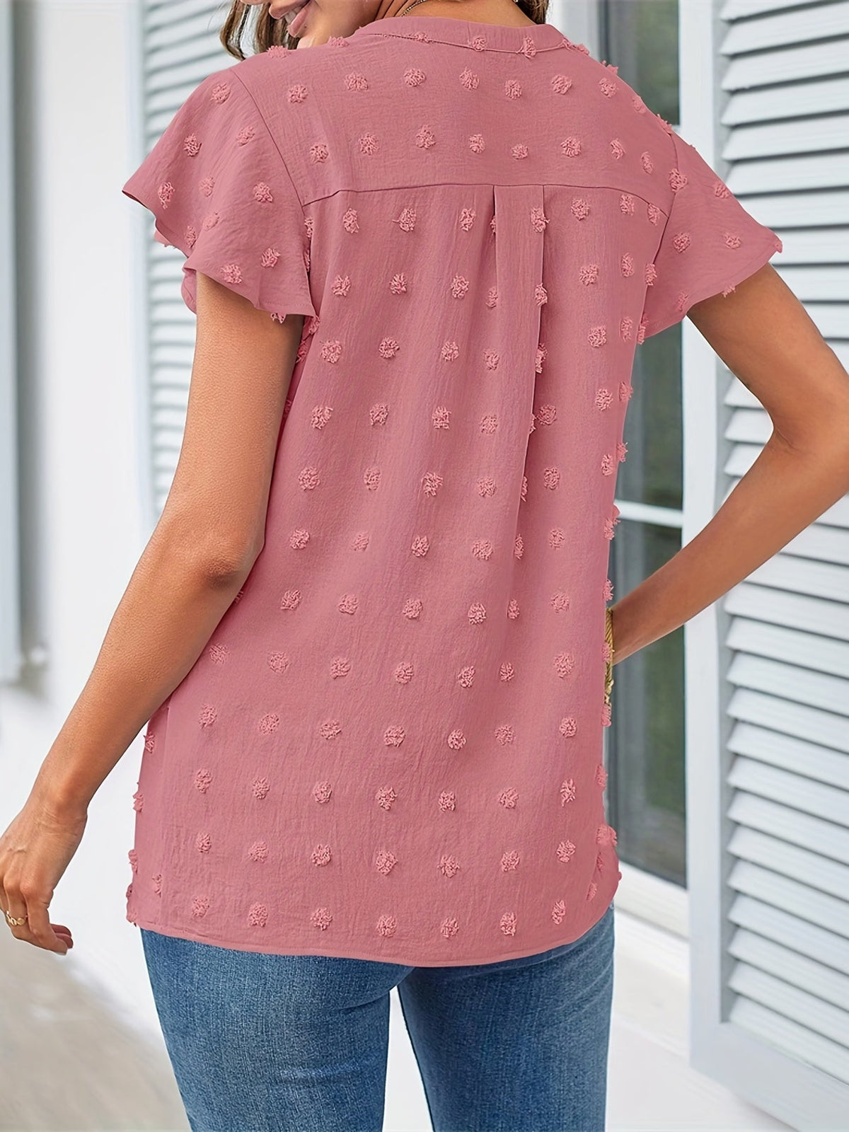 Swiss Dot V Neck Blouse, Casual Ruffle Sleeve Blouse