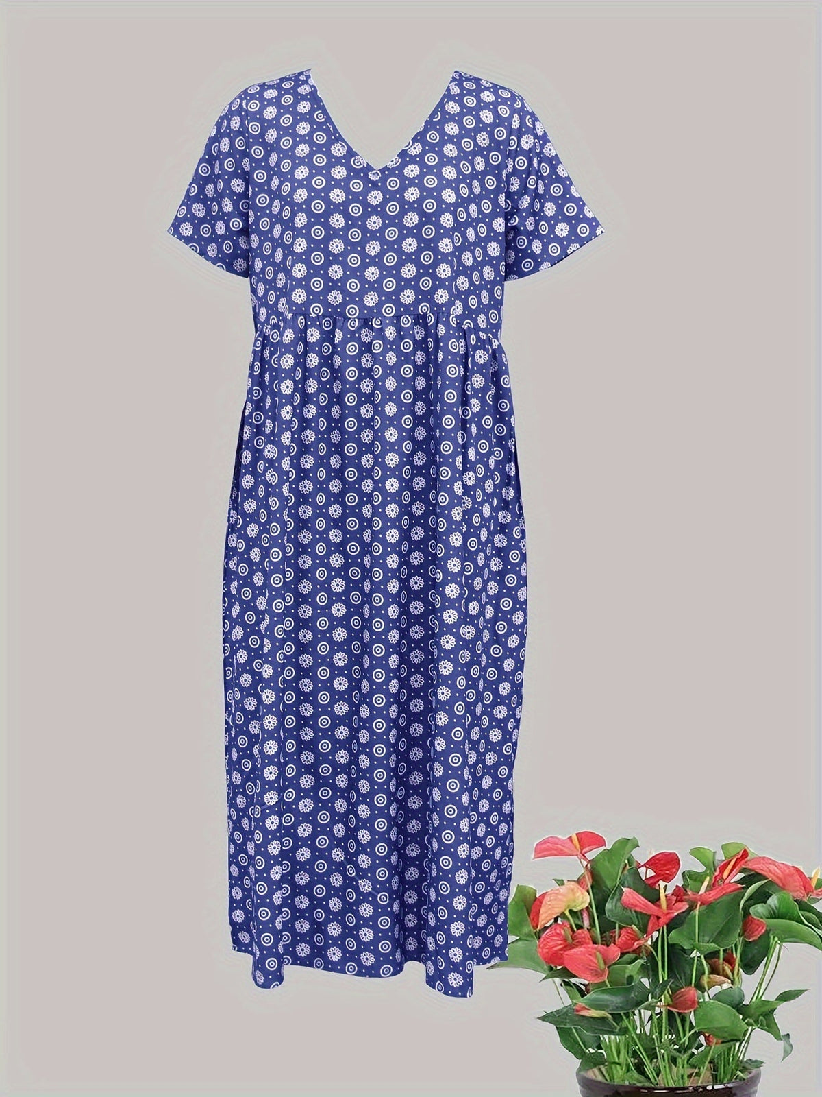 All Over Print Dress, Casual V Neck Short Sleeve Dress
