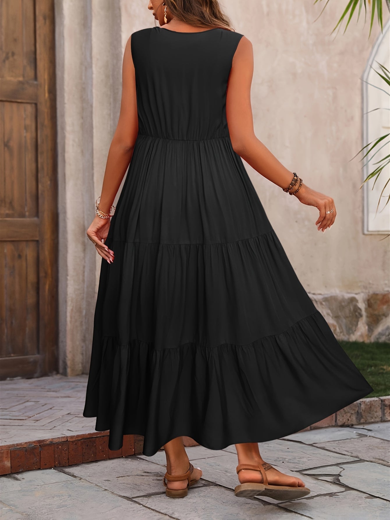 Loose V Neck Ruffle Hem Dress, Casual Sleeveless Dress