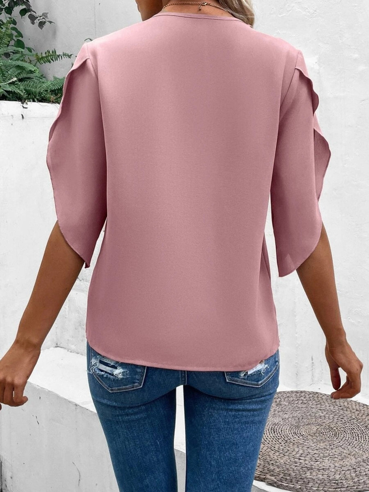 Solid Floral Lace Stitching V-neck Blouse, Vintage Petal Sleeve Blouse