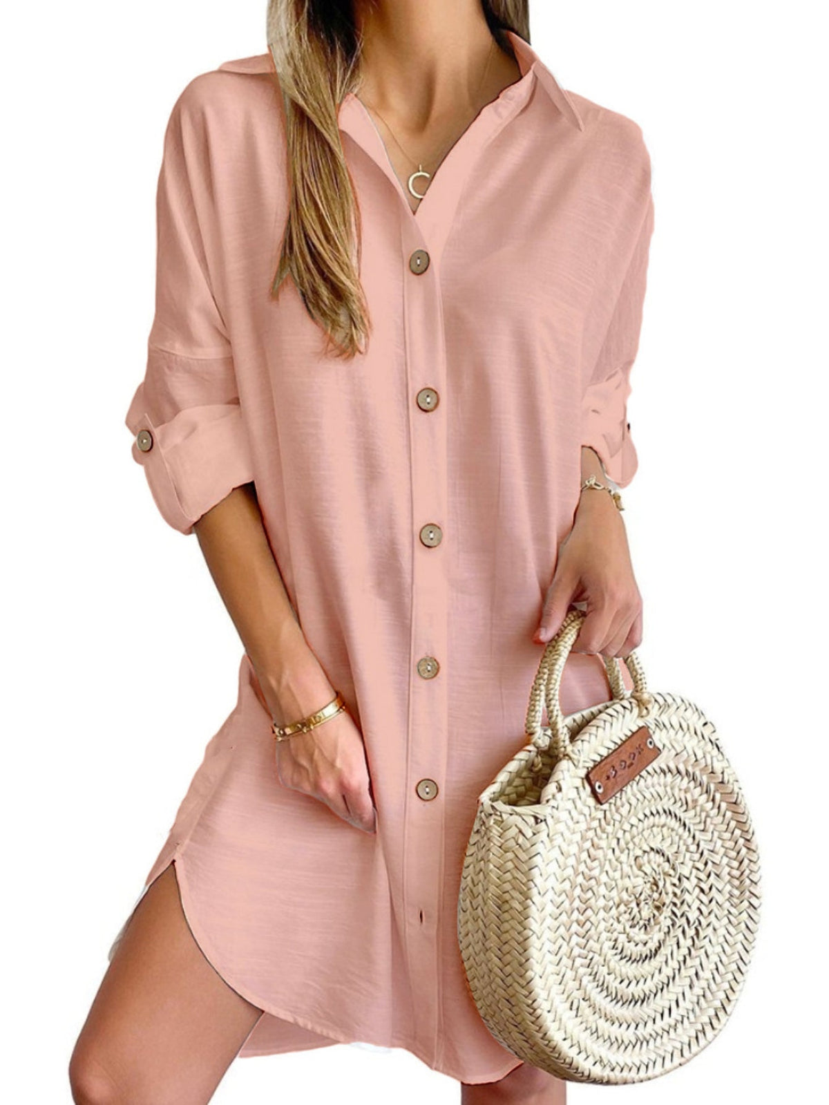 Solid Color Button Front Shirt Dress, Casual Long Sleeve Lapel Dress