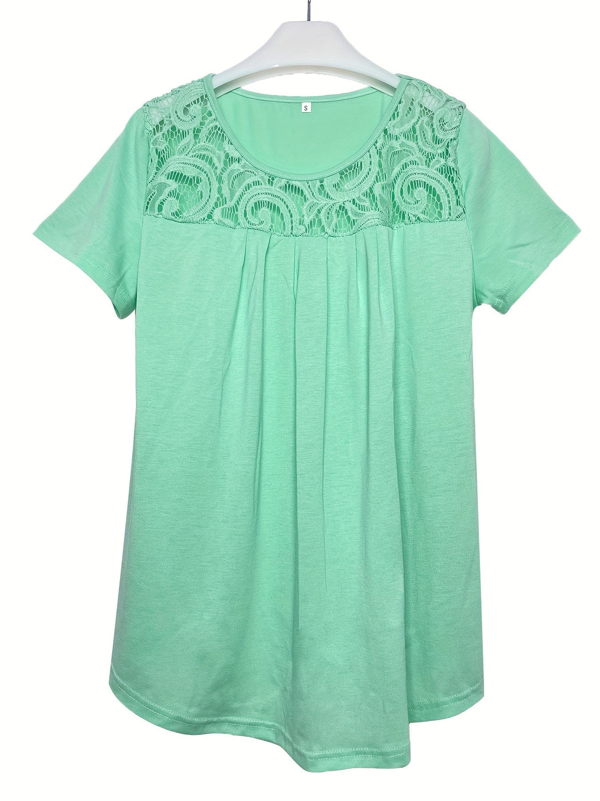 Women's Contrast Lace Ruched T-Shirt - Casual Short Sleeve Top