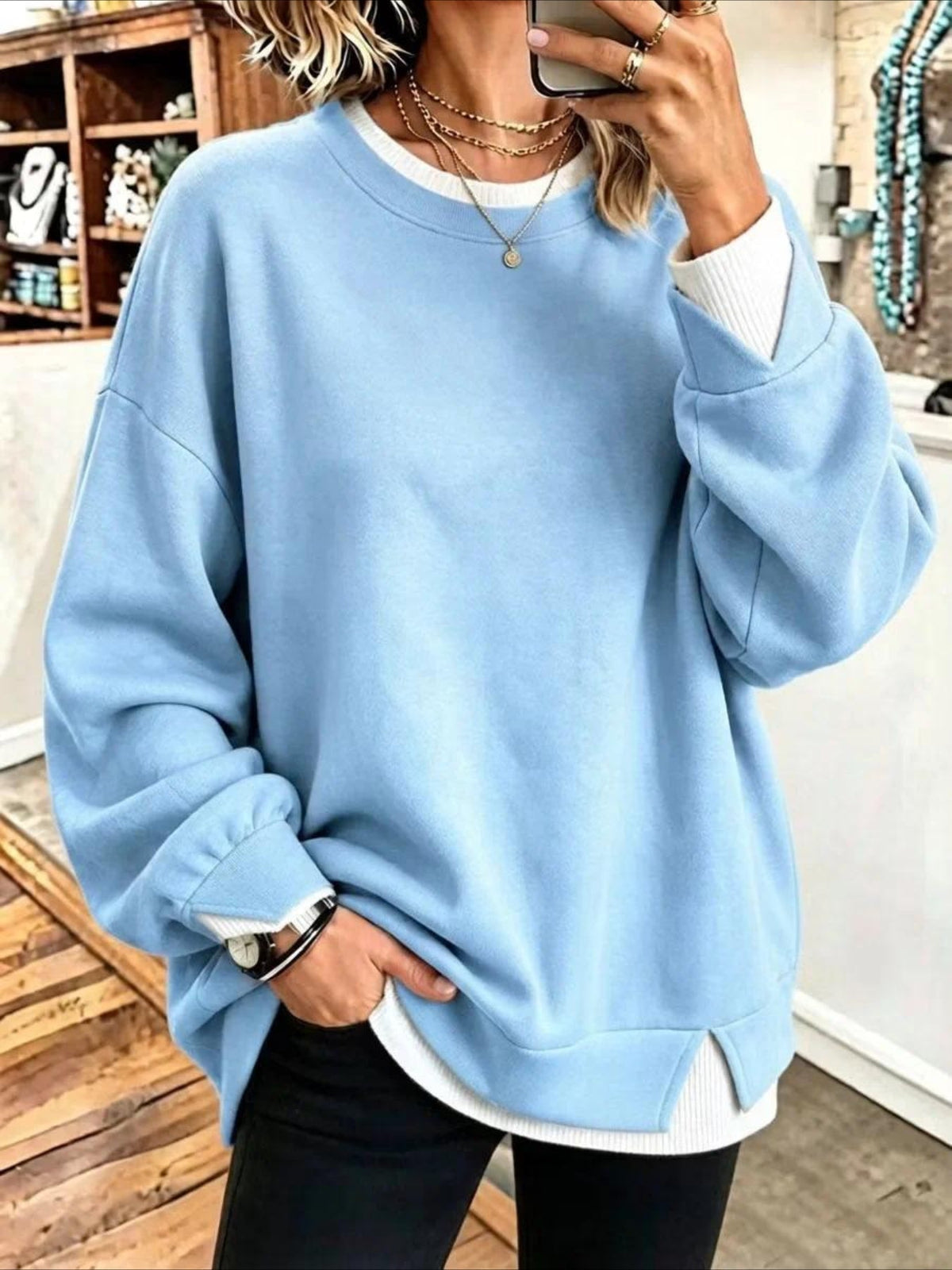Plain Crew Neck Split Joint Casual Spring/Fall Long Sleeve Sweatshirt