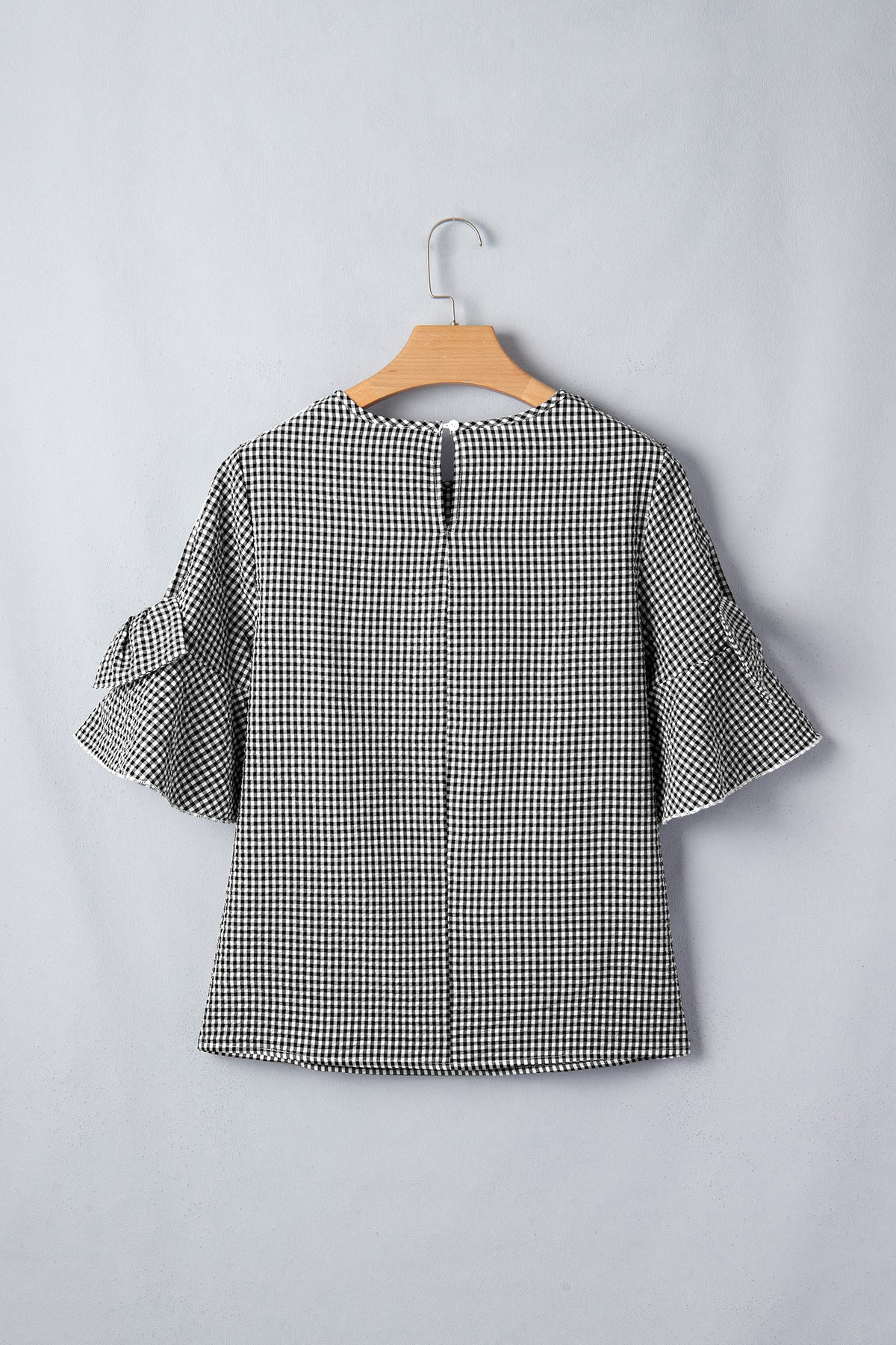 Black Plaid Bow Ruffled Half Sleeve Round Neck Blouse