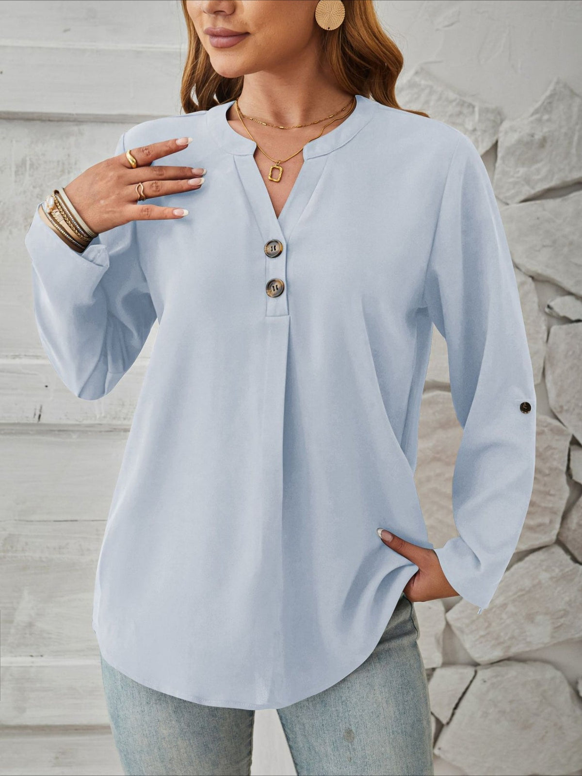 V-Neck Solid Color Comfortable Breathable Casual Long Sleeve Top