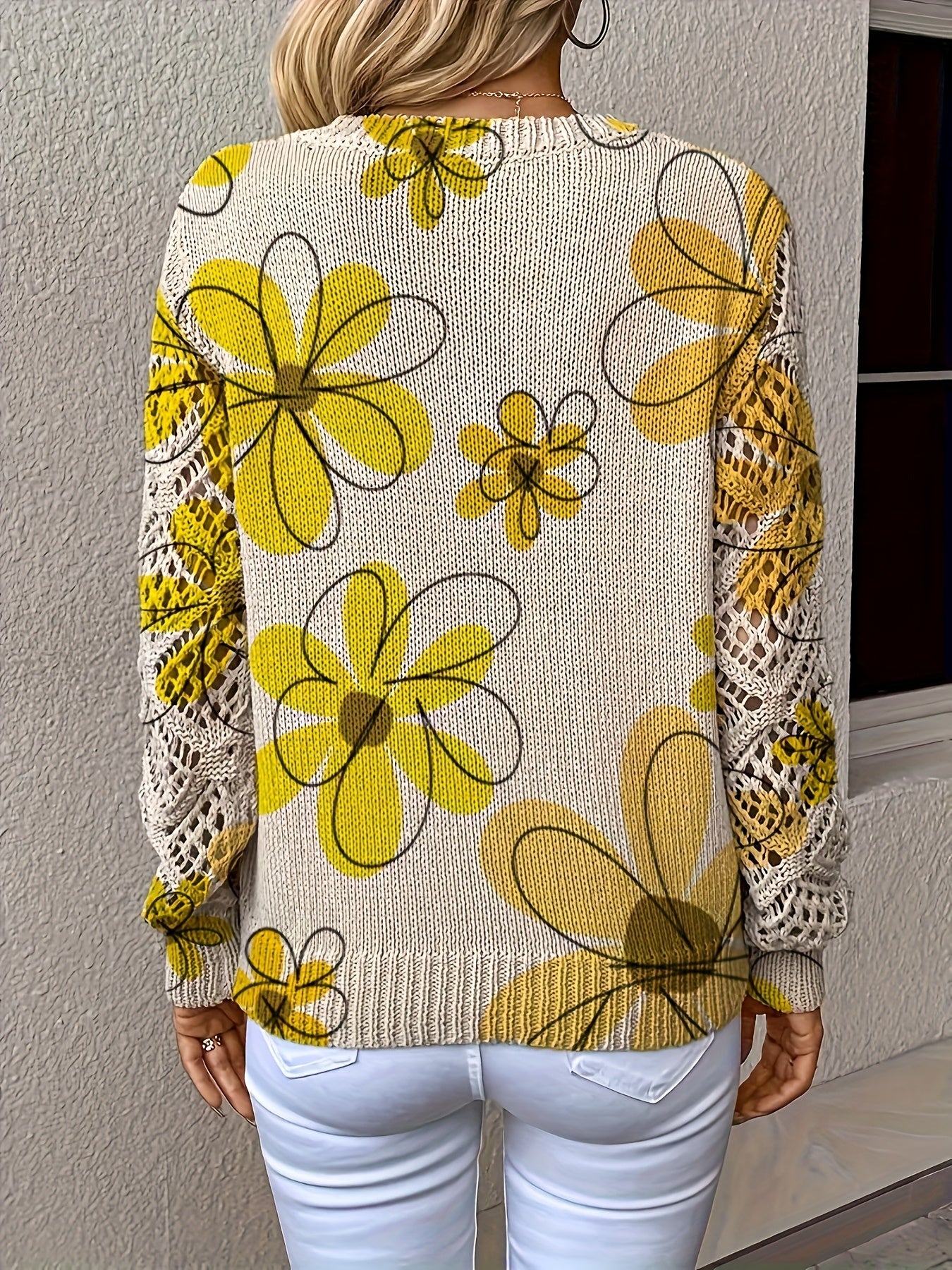 V-Neck Long Sleeve Floral Print Pullover Sweater