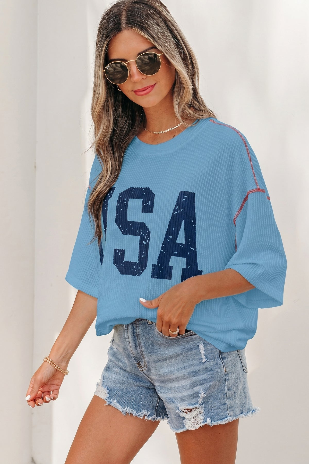 Beau Blue USA Graphic Half Sleeve Loose Ribbed Top