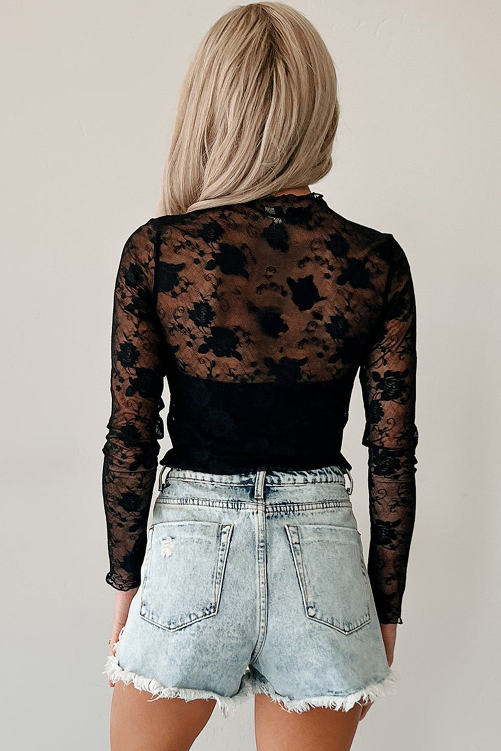 Black Sheer Floral Lace Mesh Mock Neck Long Sleeve Top