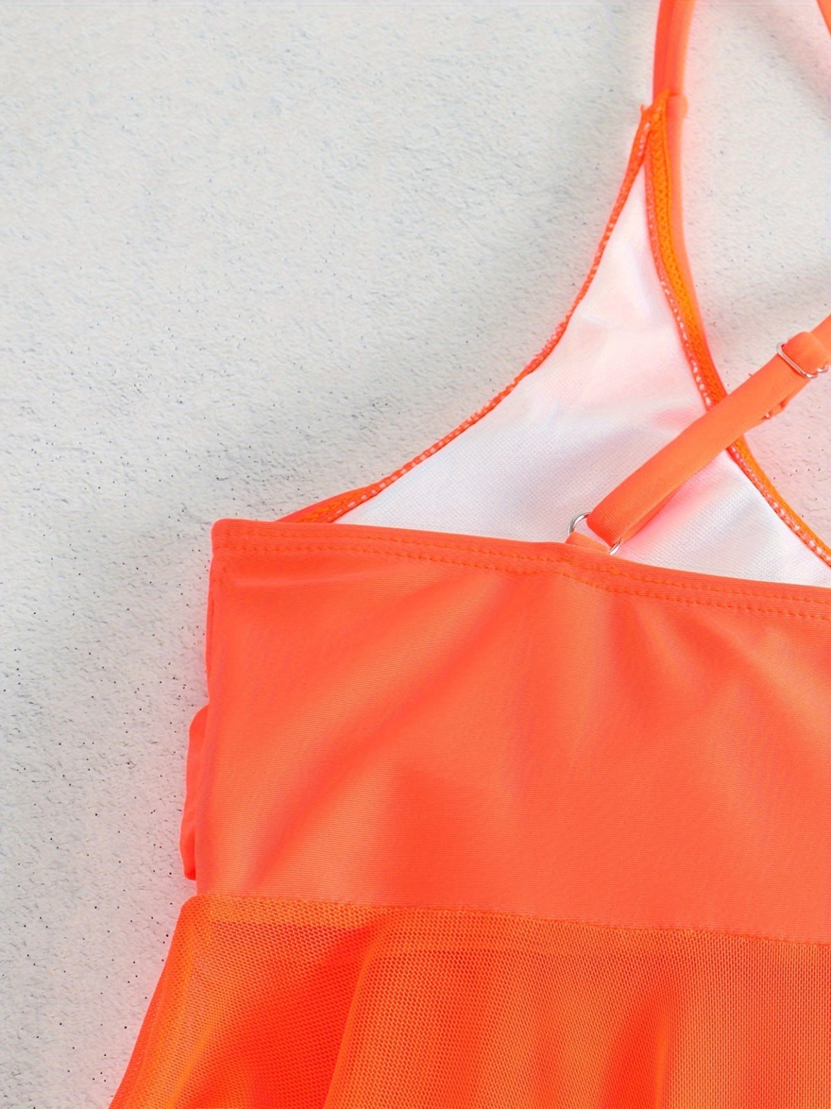 Plain Mesh Contrast Criss Cross Skirted 2 Piece Set Bikini, Scoop Neck Spaghetti Strap Twist Solid Color Swimsuit For Beach Pool Bathing
