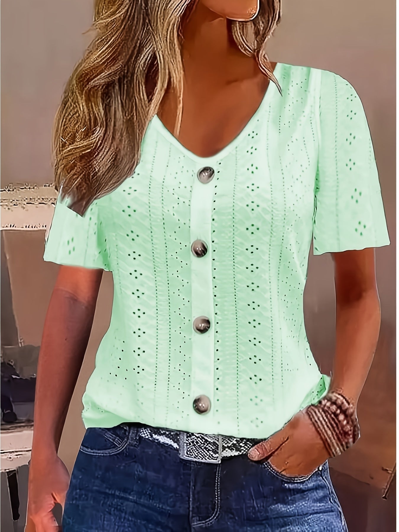 Elegant V-Neck Short Sleeve T-Shirt with Decorative Buttons