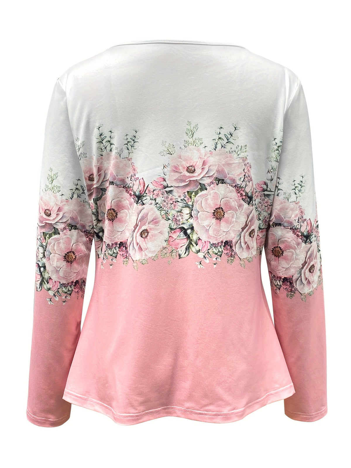 Floral Print Surplice Neck Button T-Shirt, Casual Long Sleeve T-Shirt