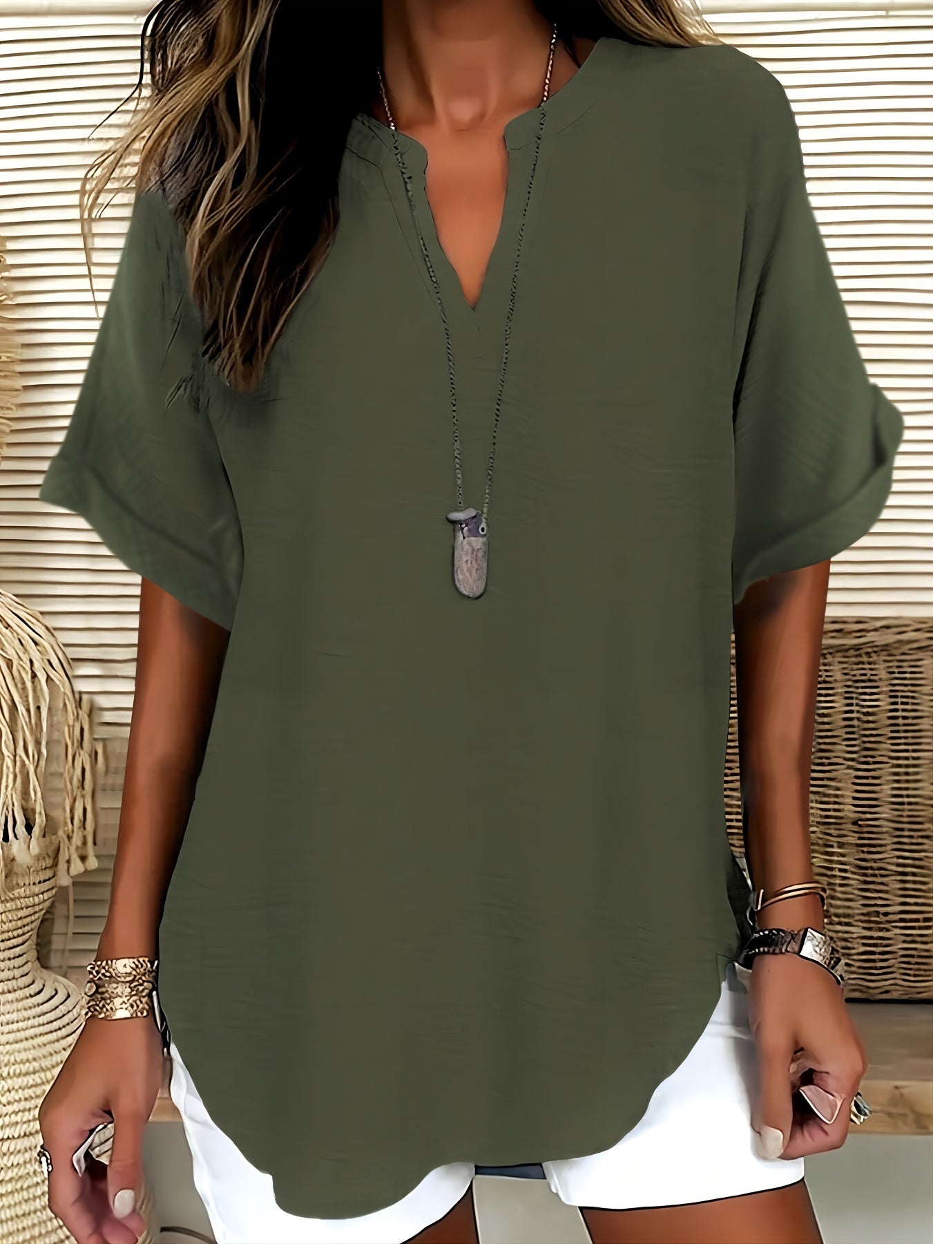 V-Neck Drop Shoulder Solid Color Loose Short Sleeve Shirt